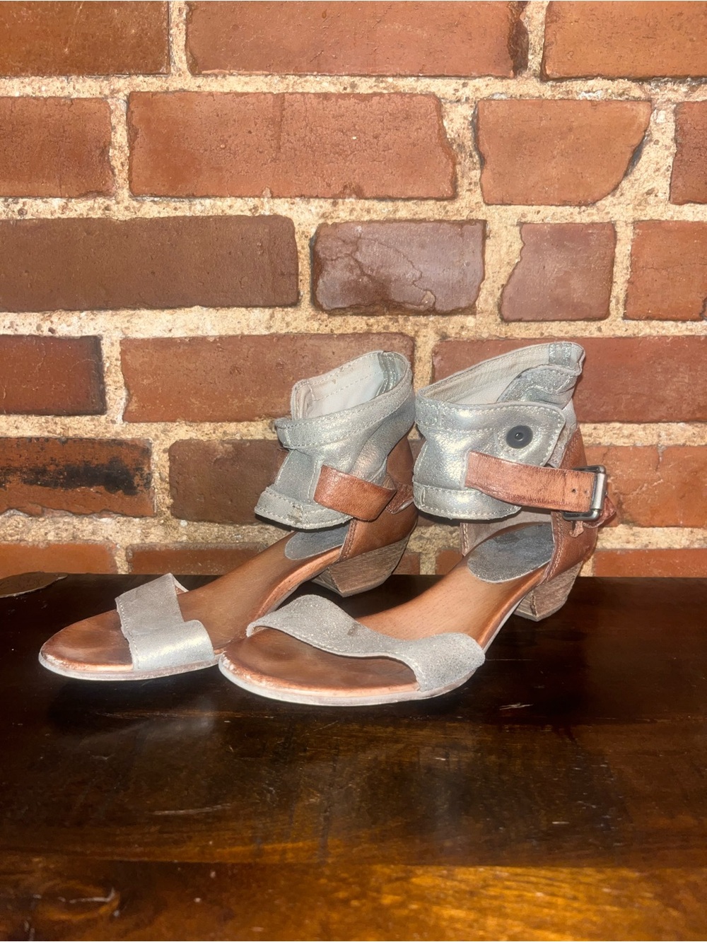 Miz Mooz Two-Tone Silver and Brown Ankle-Strap Sandals